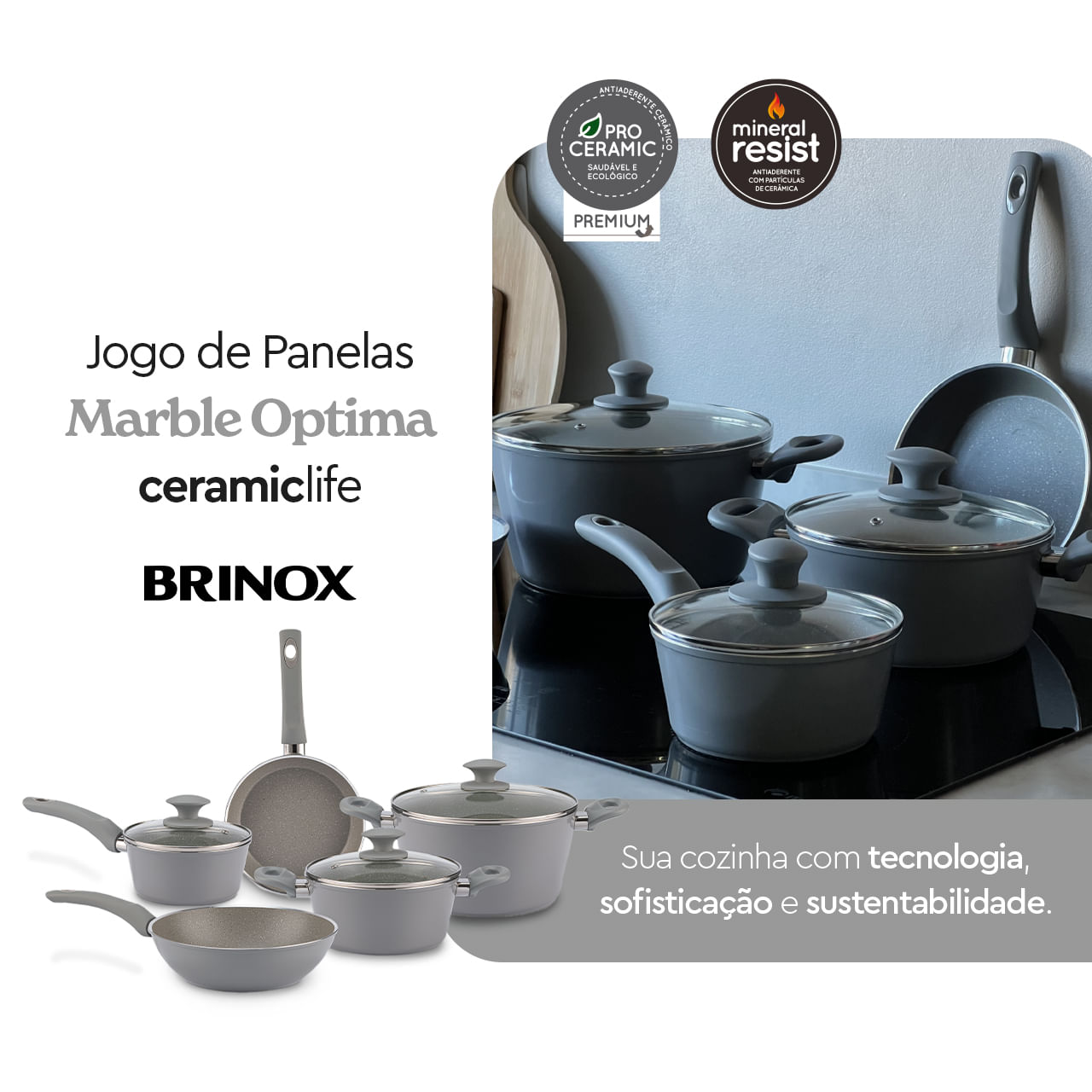 Jogo de Panelas Brinox Antiaderente Ceramic Life 5 Peças Marble