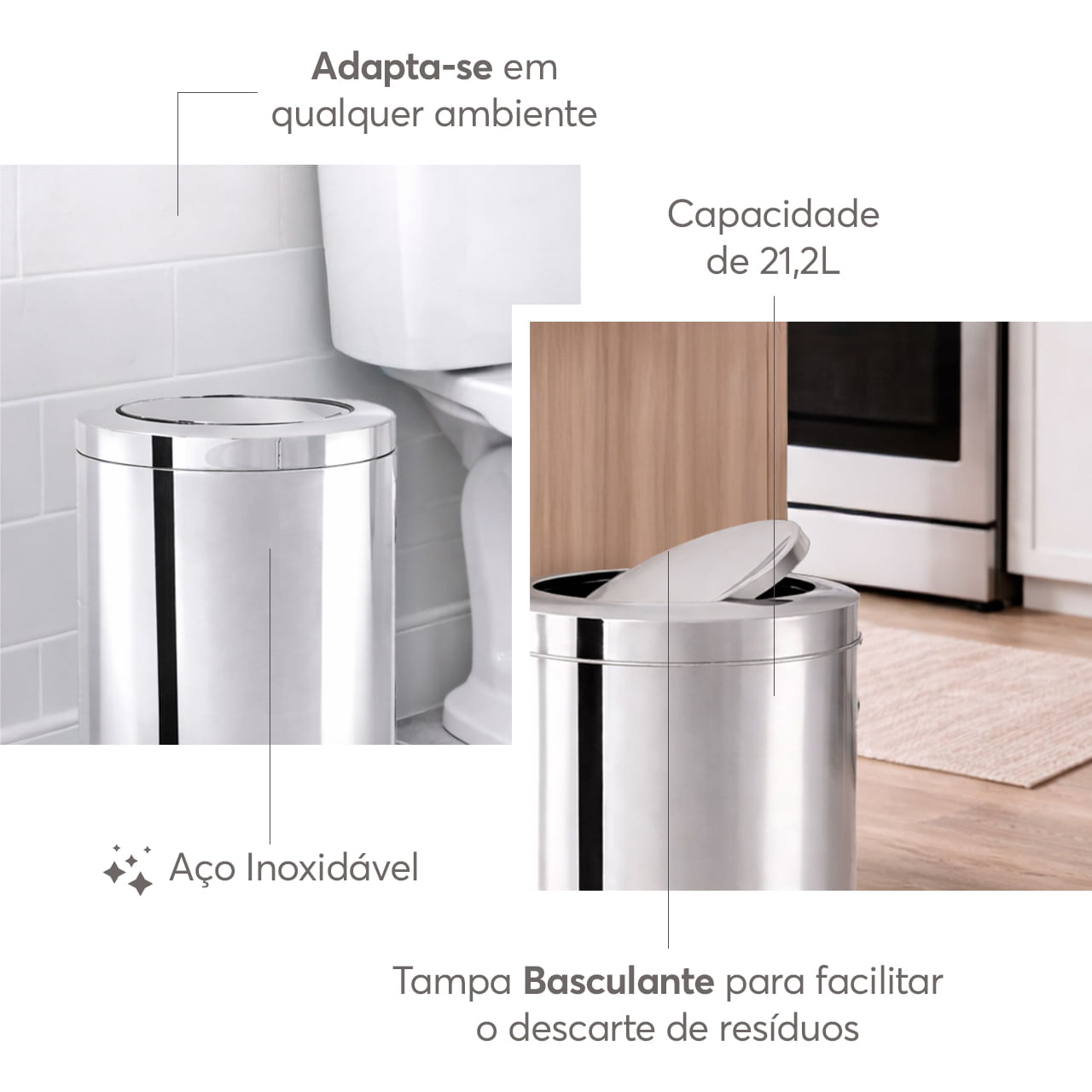 Lixeira com Tampa Basculante Brinox Decorline 21,2 Litros Ø225cm